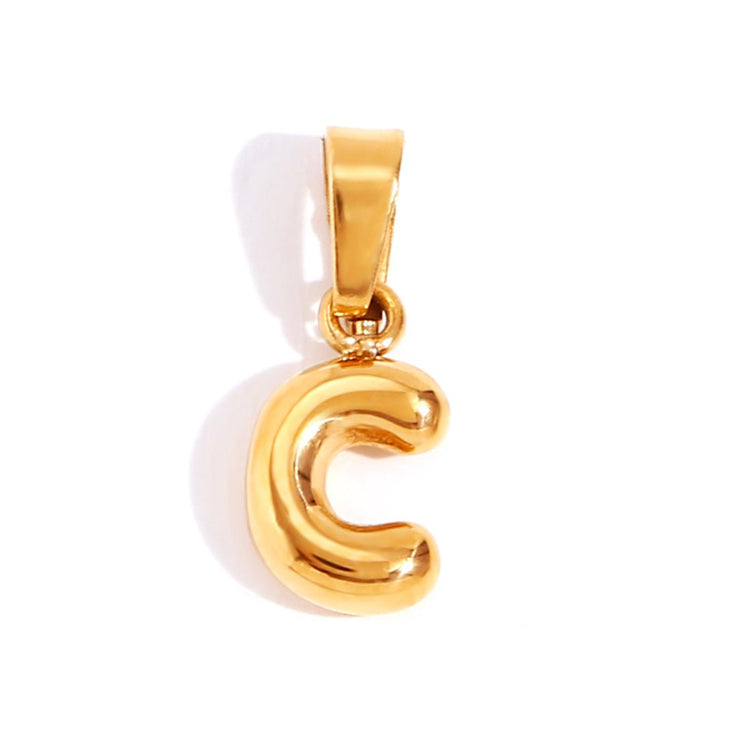 Bubble Letter Necklace, glossy gold bubble letter C pendant on a plain white background