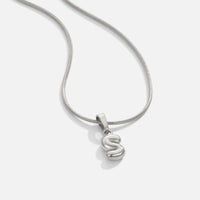 Bubble Letter Necklace, silver snake chain necklace with a puffy bubble letter S pendant on white