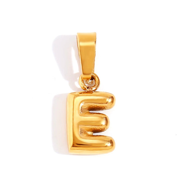 Bubble Letter Necklace, gold bubble-letter E pendant on a white background