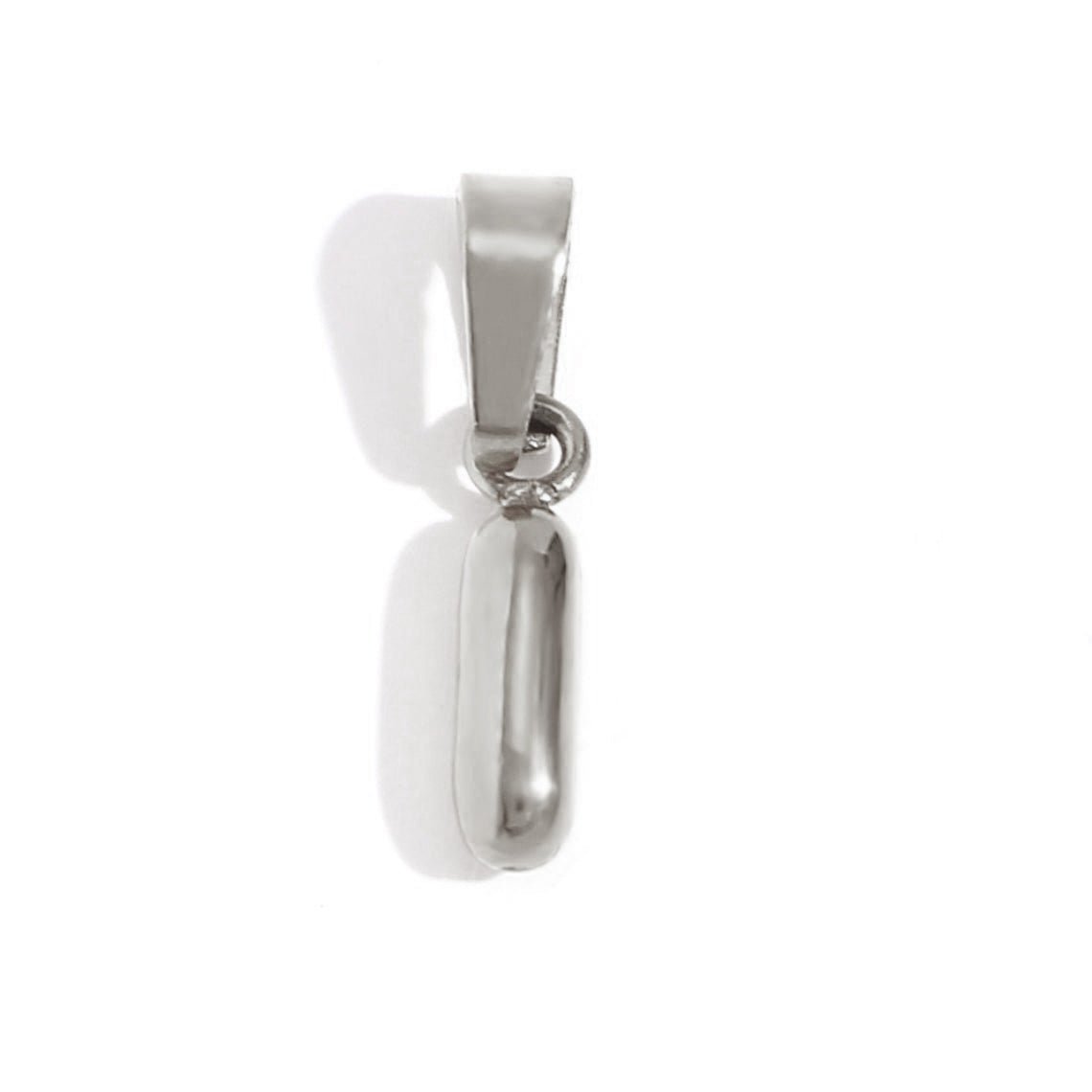 Bubble Letter Necklace, side view of a polished silver pendant with a bail