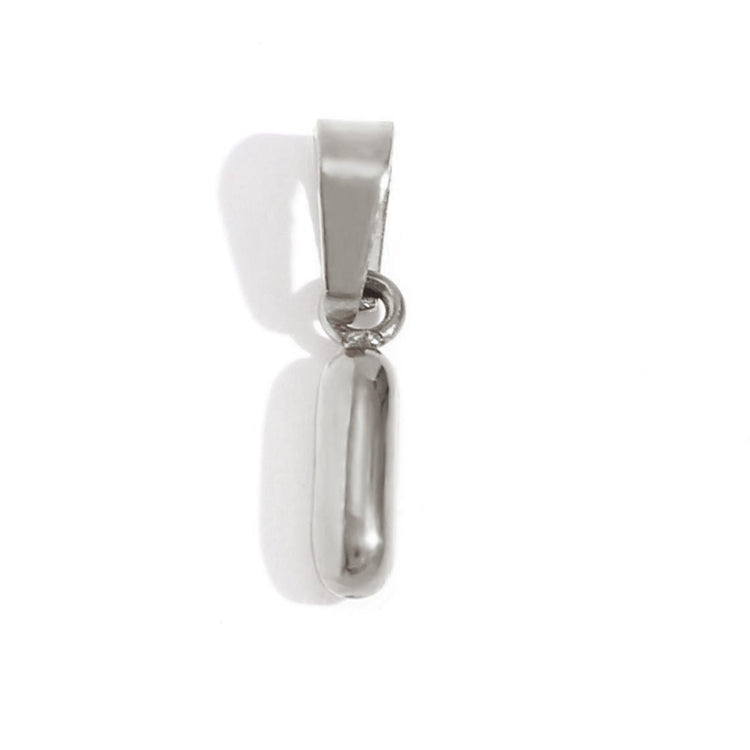 Bubble Letter Necklace, side view of a polished silver pendant with a bail