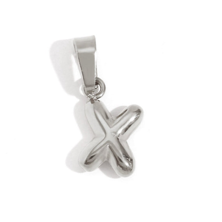 Bubble Letter Necklace, polished silver letter X pendant on a plain white background