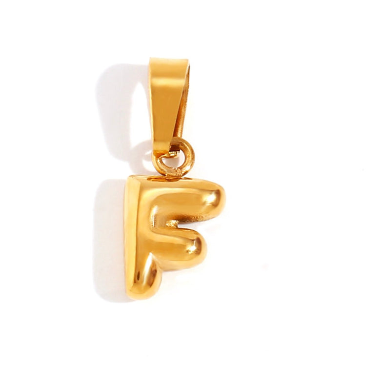 Bubble Letter Necklace, puffy gold letter F pendant with a bail and jump ring, on white