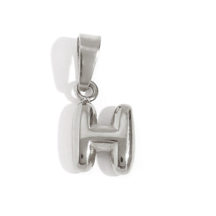 Bubble Letter Necklace, polished silver bubble-letter H pendant on white background