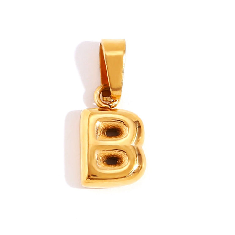 Bubble Letter Necklace, gold bubble-letter B pendant with a bail, on white background
