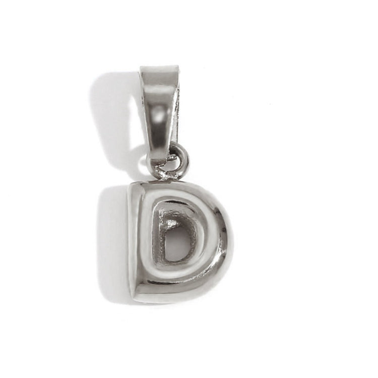 Bubble Letter Necklace, close-up of a polished silver bubble letter D pendant on white