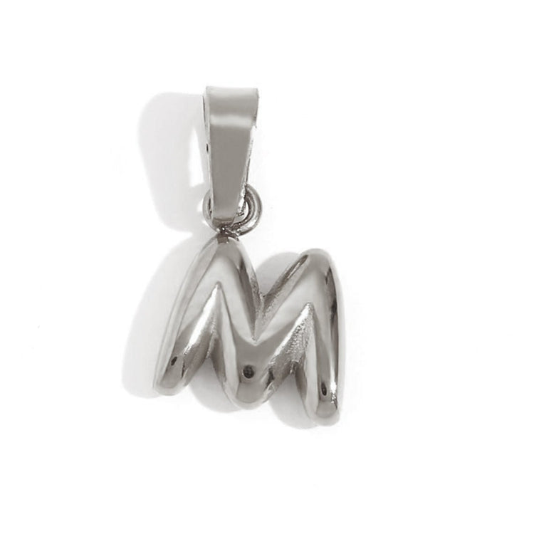 Bubble Letter Necklace, silver bubble-letter M pendant on a white background