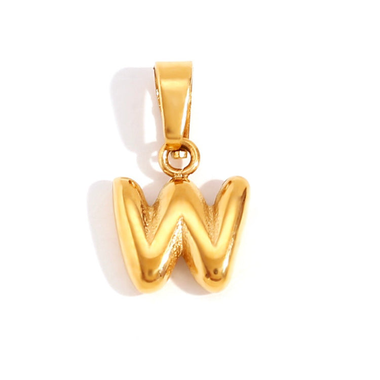Bubble Letter Necklace, gold bubble-letter W pendant on a bail, on white background
