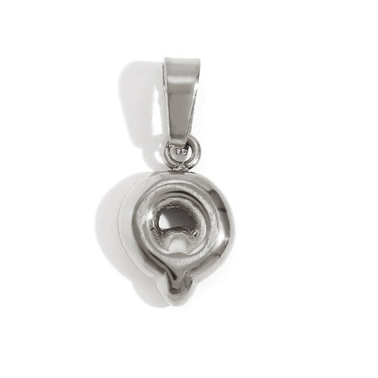 Bubble Letter Necklace, polished silver pendant with a bail, viewed on a white background