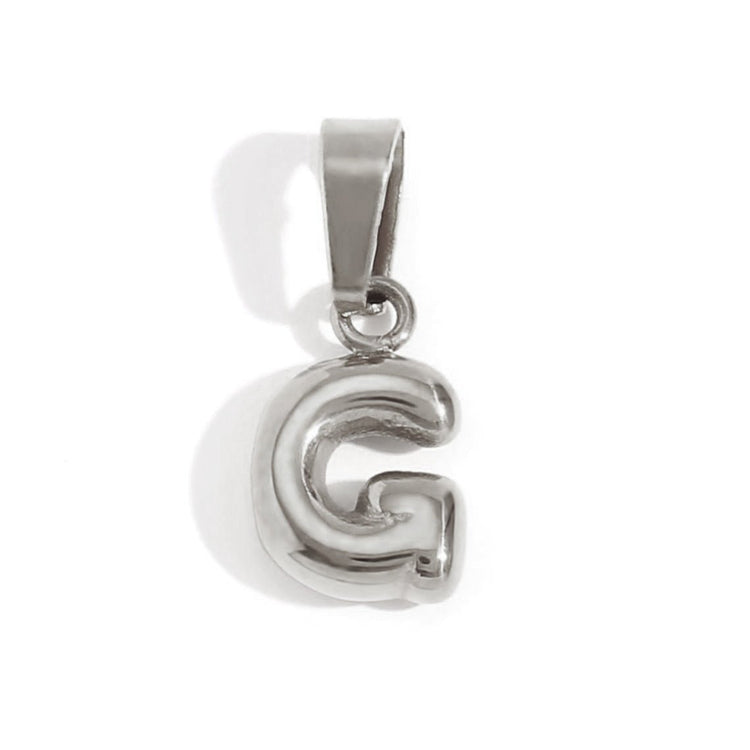 Bubble Letter Necklace, close-up of a silver bubble-letter G pendant on white