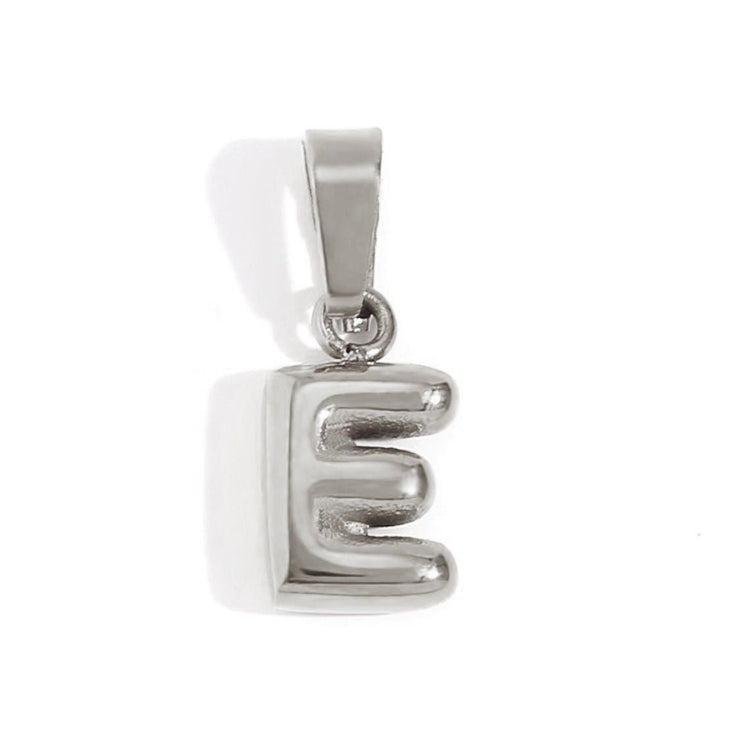 Bubble Letter Necklace, close-up of a silver puffy letter E pendant on white