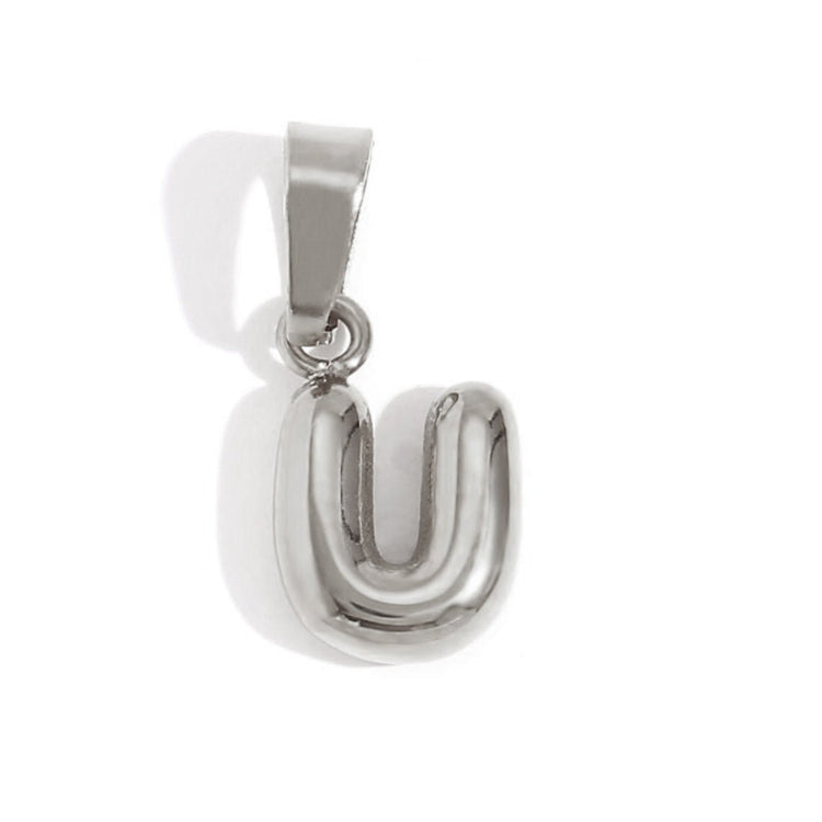 Bubble Letter Necklace, silver bubble letter U pendant on a plain white background