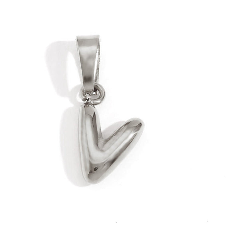 Bubble Letter Necklace, close-up of a polished silver bubble-letter pendant on white