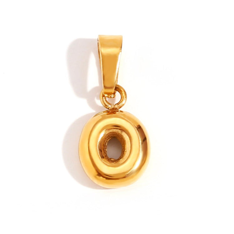 Bubble Letter Necklace, gold bubble-letter pendant with a bail and jump ring on white