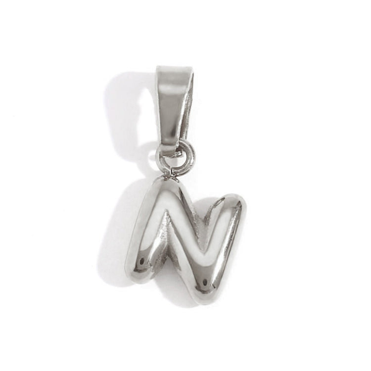Bubble Letter Necklace, polished silver bubble letter N pendant on a white background