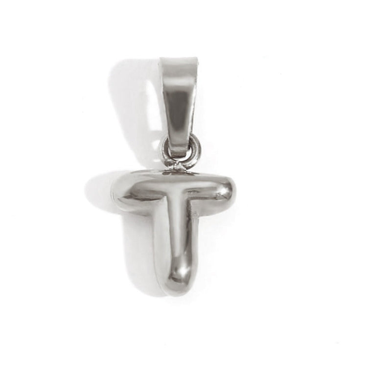 Bubble Letter Necklace, close-up of a polished silver letter T pendant with a bail, on white