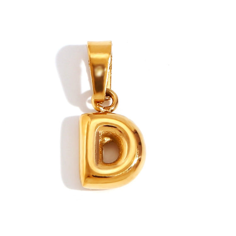 Bubble Letter Necklace, gold bubble-letter D pendant on white background, close-up