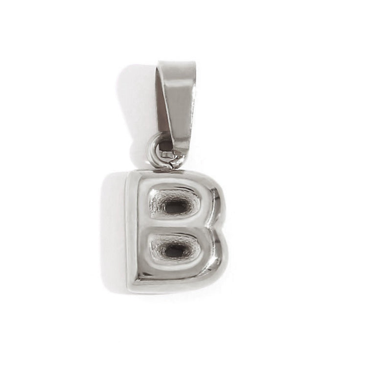 Bubble Letter Necklace, close-up of a silver bubble letter B pendant on white