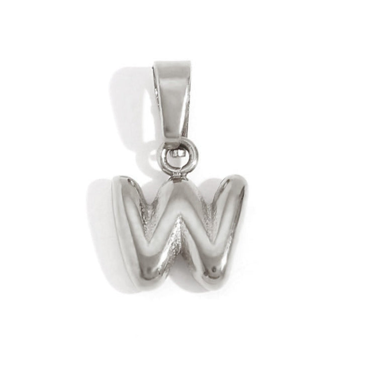 Bubble Letter Necklace, silver pendant in a puffy bubble-letter W on a white background