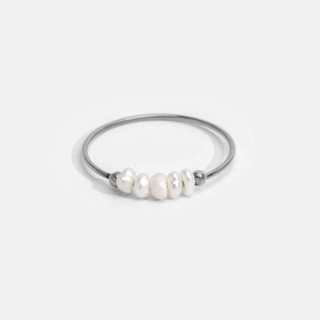 Classic Freshwater Pearl Silver Ring, ring on white background, five small pearls on a silver band