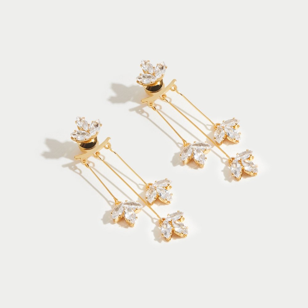 Crystal Lotus Waterfall Earrings, pair of gold drop earrings with marquise crystal clusters on