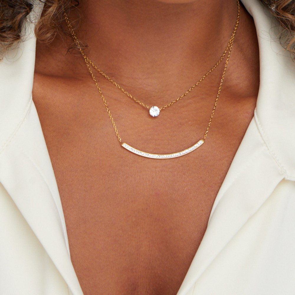 Dainty Crystal Layered Necklace, worn layered at the neck over a white collared top