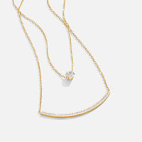 Dainty Crystal Layered Necklace, two gold chains layered, one with a round stone pendant and