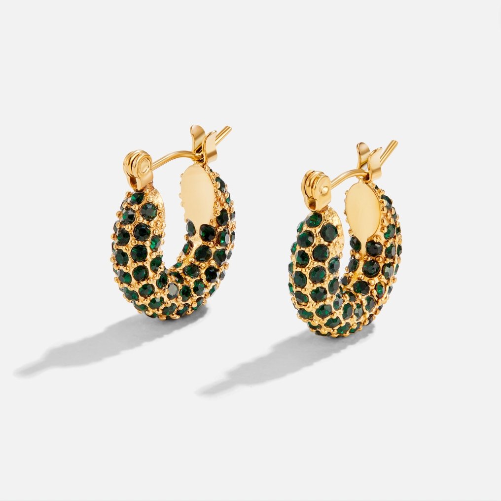 Emerald Beauty Hoop Earrings, pair of hoops on white background, green stones on gold