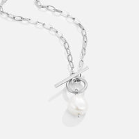 Eva Freshwater Pearl Silver Necklace, flat lay close-up of silver chain with toggle clasp and