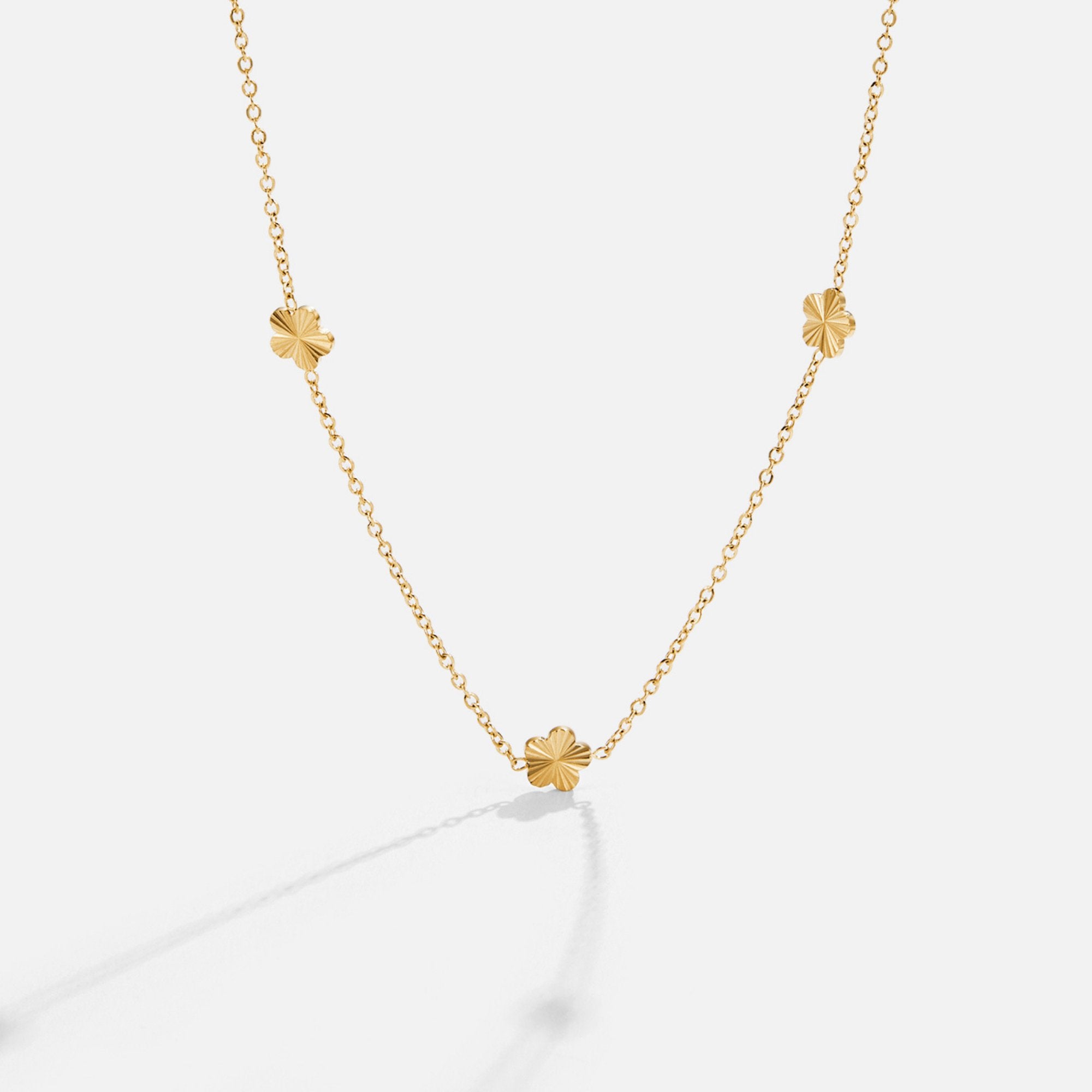 Flower Power 18K Gold Chain Necklace, gold chain necklace with three textured flower charms on white