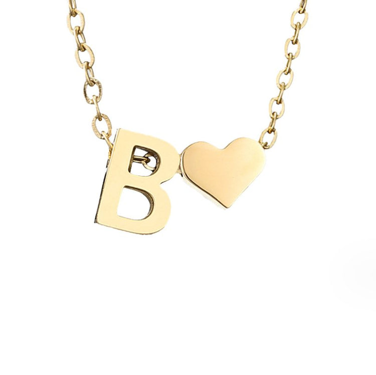 Forever Love & Letter Gold Necklace, close-up of gold chain with letter B and heart charm on white