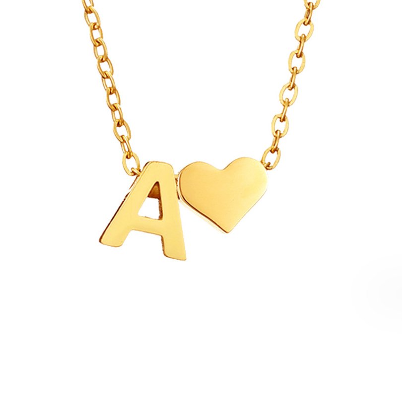 Forever Love & Letter Gold Necklace, close-up of a gold letter A and heart pendant on a chain