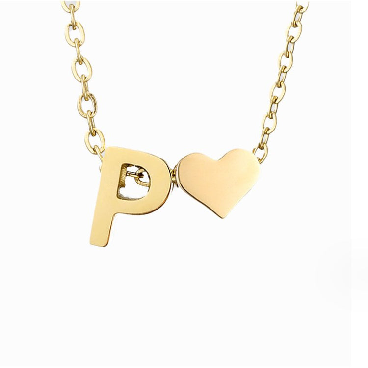 Forever Love & Letter Gold Necklace, close-up of a gold letter P pendant beside a heart on a chain