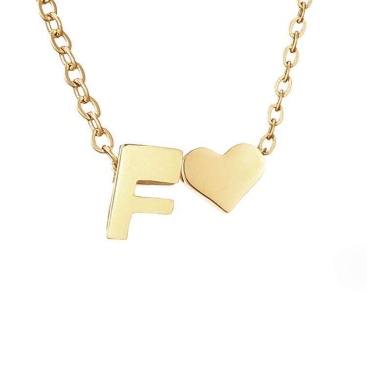 Forever Love & Letter Gold Necklace, close-up of gold letter F and heart pendant on fine chain