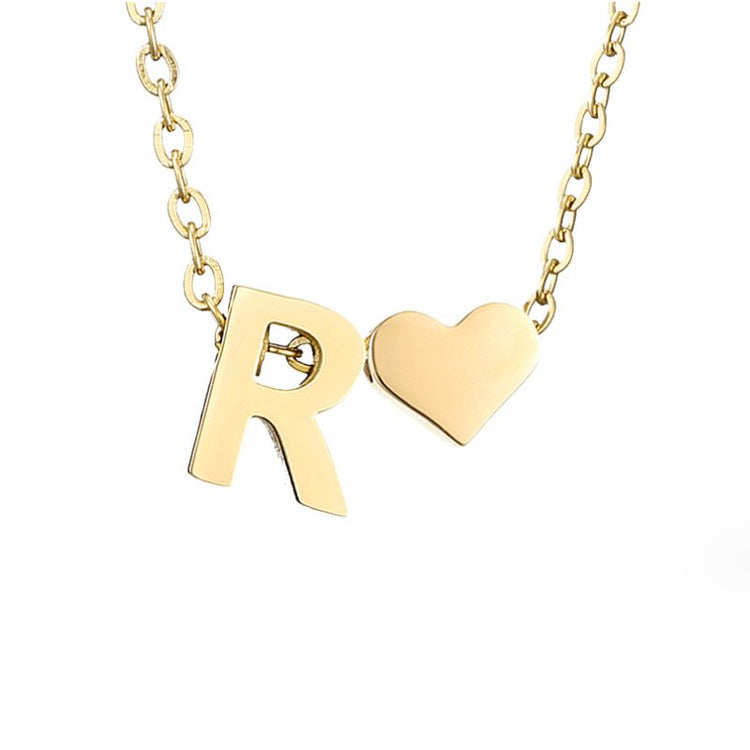 Forever Love & Letter Gold Necklace, close-up of gold letter R and heart pendants on chain