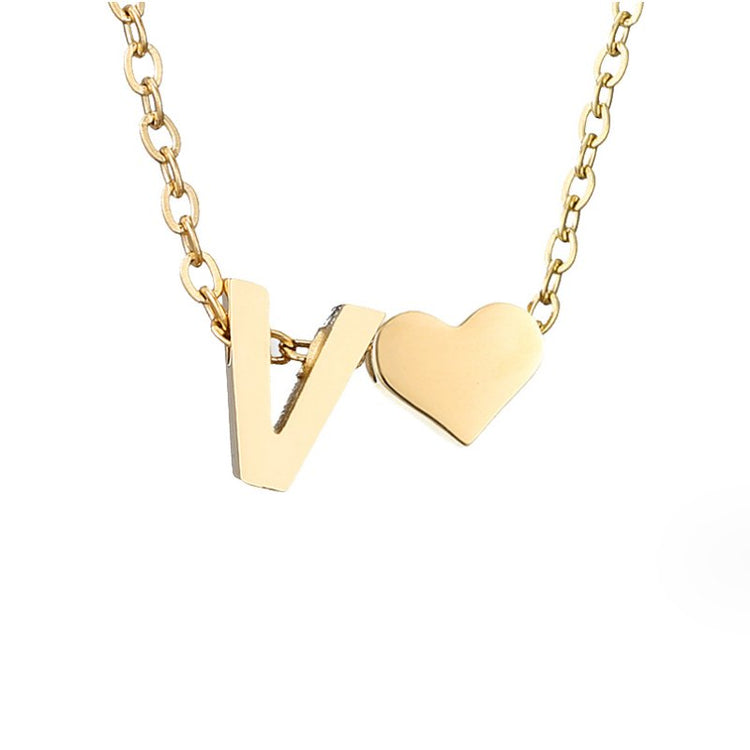 Forever Love & Letter Gold Necklace, gold letter V pendant beside a small heart on a chain