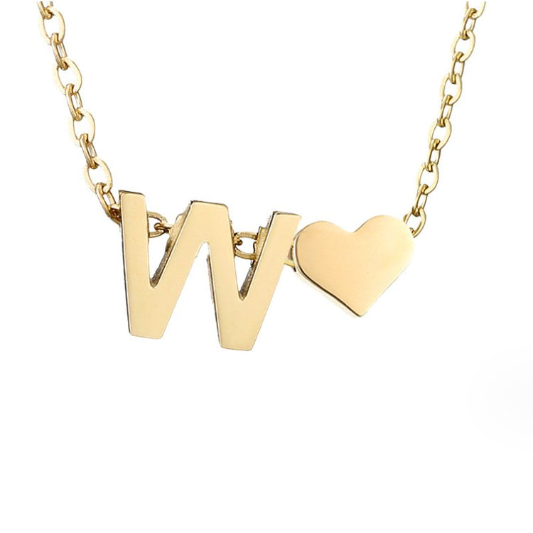 Forever Love & Letter Gold Necklace, gold chain with a polished letter W and heart pendant, on white