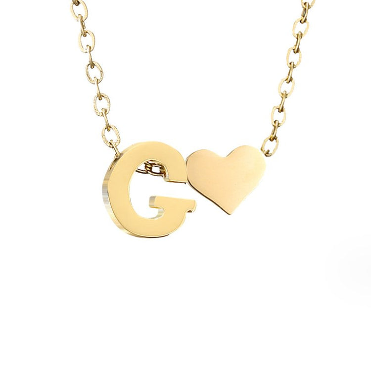 Forever Love & Letter Gold Necklace, gold chain with a G letter pendant beside a heart, on white