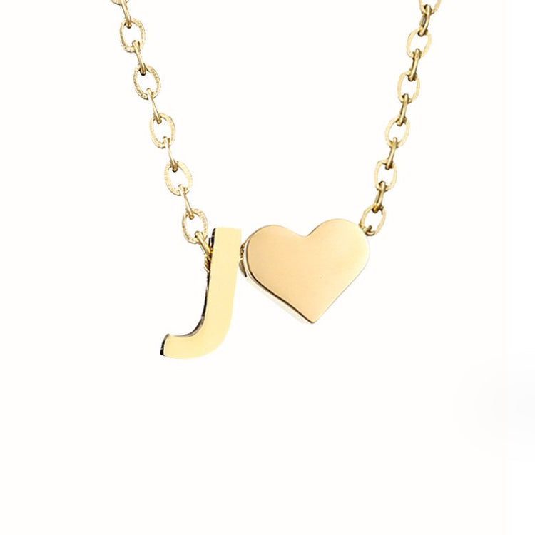 Forever Love & Letter Gold Necklace, gold chain necklace with a J letter charm and heart charm