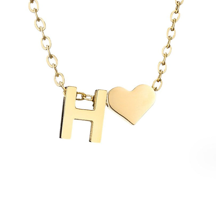 Forever Love & Letter Gold Necklace, close-up of gold chain with letter H and heart pendant