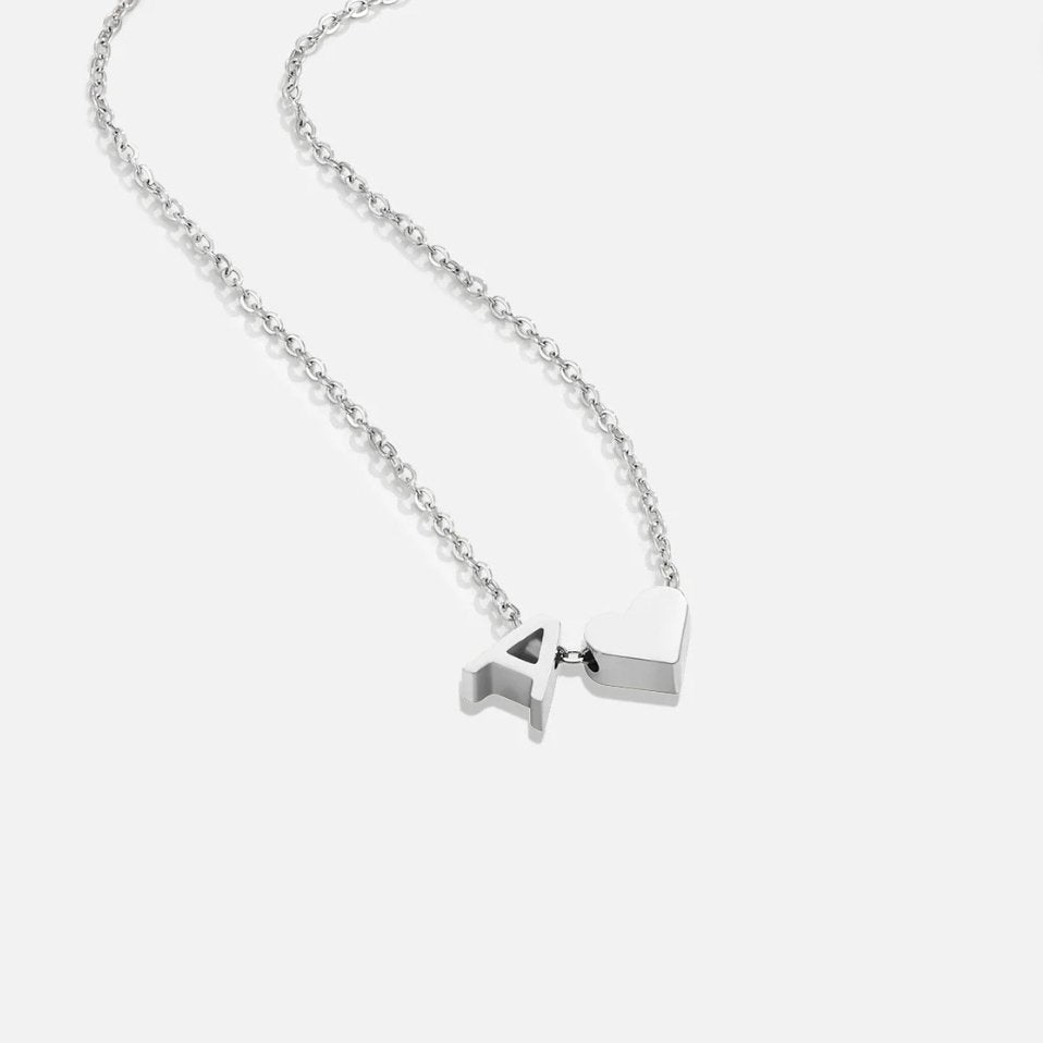 Forever Love & Letter Silver Necklace, silver chain necklace with letter A and heart charms on white