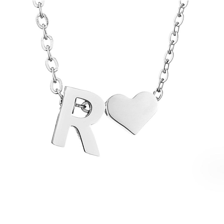 Forever Love & Letter Silver Necklace, close-up of a silver chain with a letter R pendant and