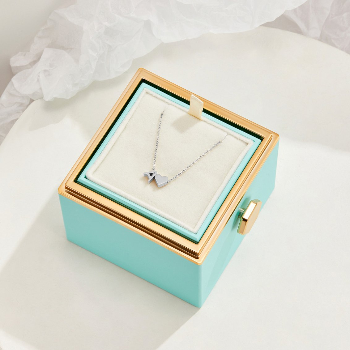 Forever Love & Letter Silver Necklace, necklace displayed on cream velvet in a turquoise gift