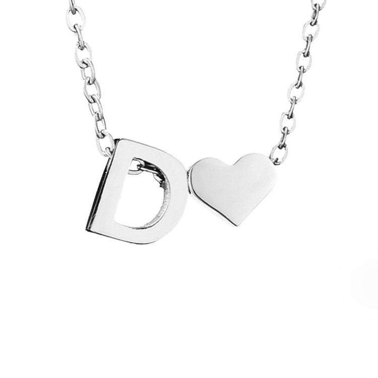 Forever Love & Letter Silver Necklace, close-up of a letter D pendant beside a heart on a fine