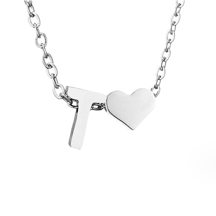 Forever Love & Letter Silver Necklace, close-up of a silver letter pendant and heart on a chain
