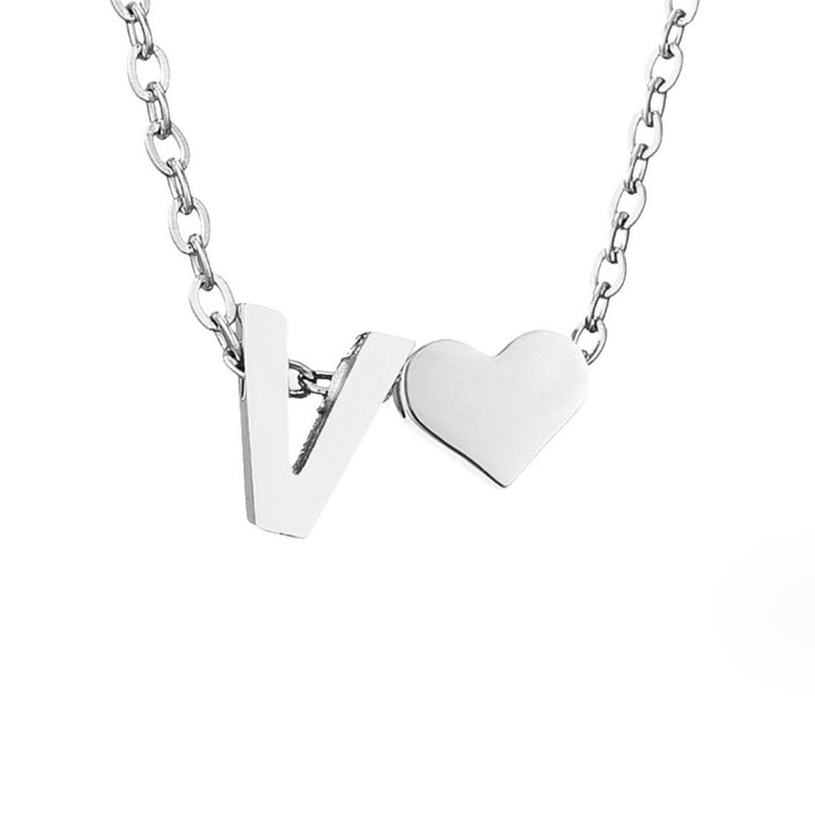 Forever Love & Letter Silver Necklace, close-up of a silver letter V and heart pendant on chain