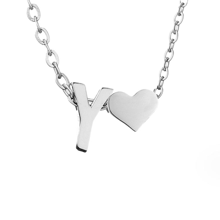Forever Love & Letter Silver Necklace, close-up of a silver chain with a letter Y and heart