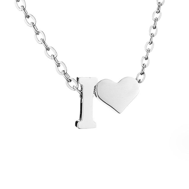 Forever Love & Letter Silver Necklace, close-up of silver chain with an I letter charm and