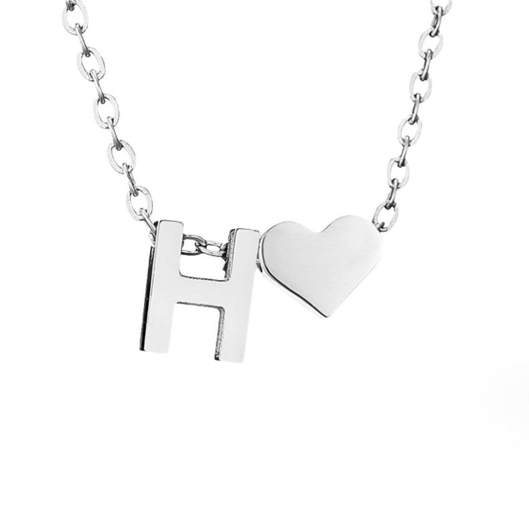 Forever Love & Letter Silver Necklace, silver chain with H letter pendant and heart charm, on
