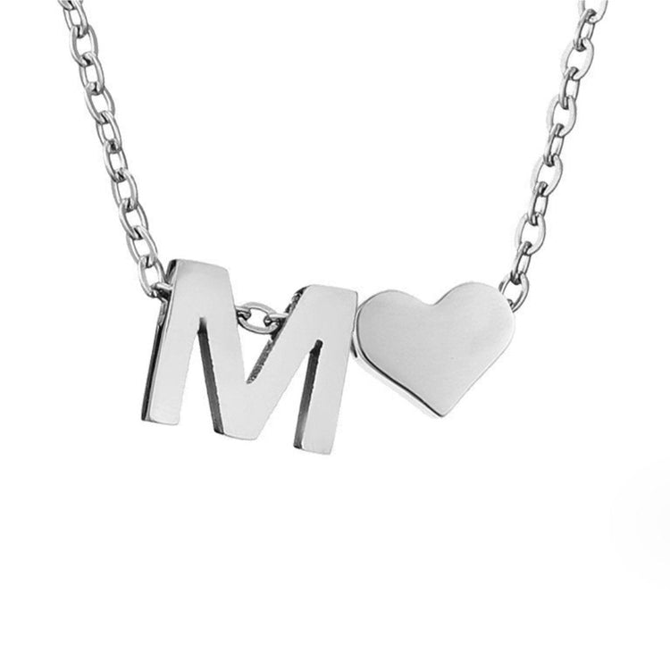 Forever Love & Letter Silver Necklace, close-up of silver chain with letter M and heart pendant
